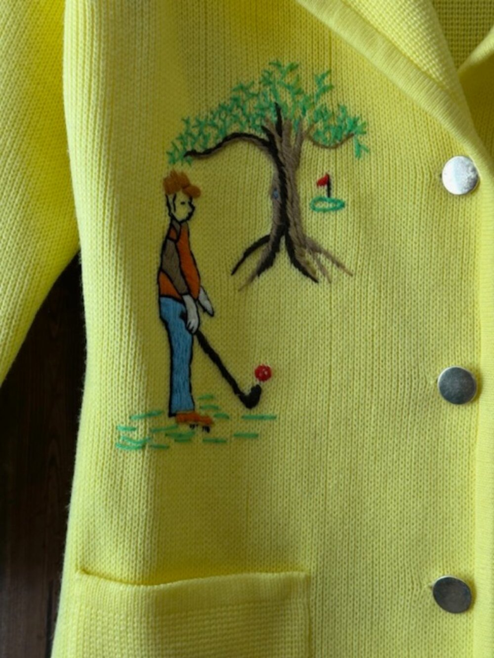 Andrew Aresti Vintage 1950's Golf Embroidered Cardigan Sweater Womens Yellow S - Picture 5 of 15